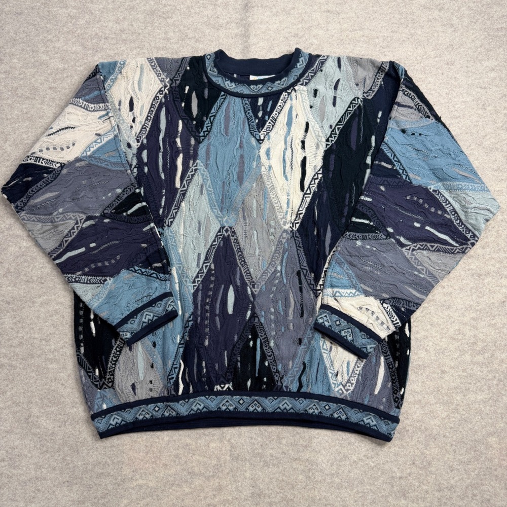 Vintage Coogi Australia 3D Knit Sweater Blue Navy Diamond Cotton Mens Large